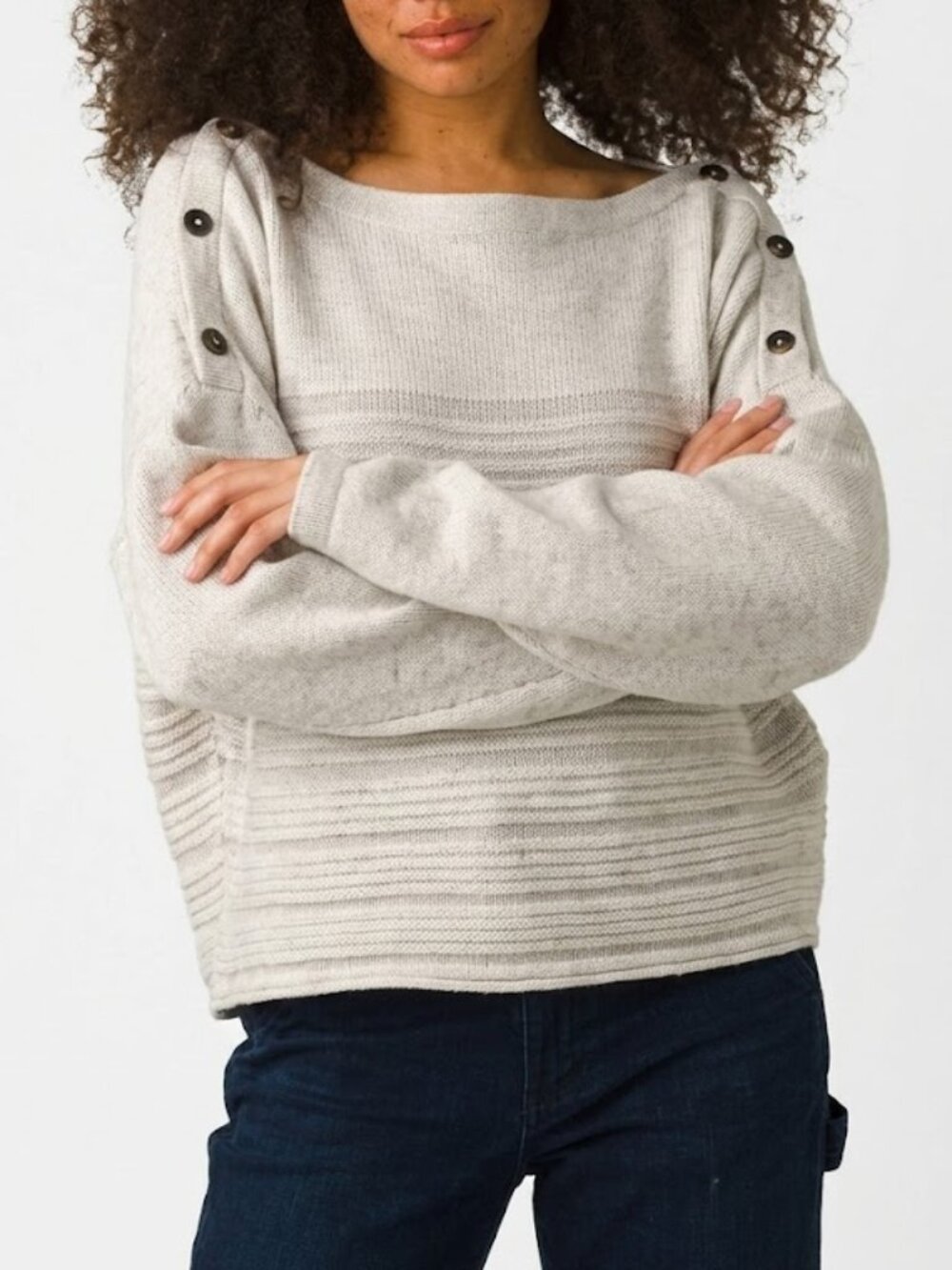 Prana Sweater Beige Wool Blend Sweater Boatneck Button Shoulder Size XS
